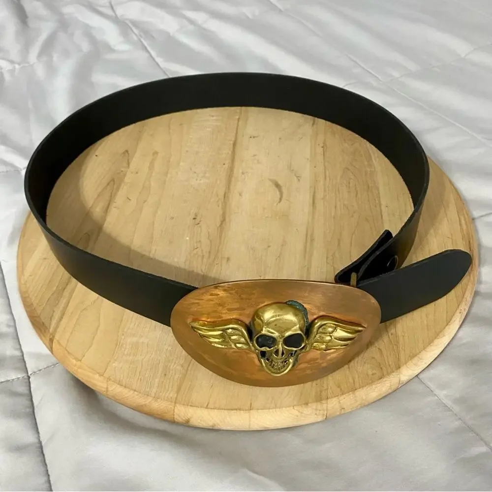 Chosen by King Baby Flying Skull Wing Biker Copper Brass Buckle‎ Belt Mens Sz 38